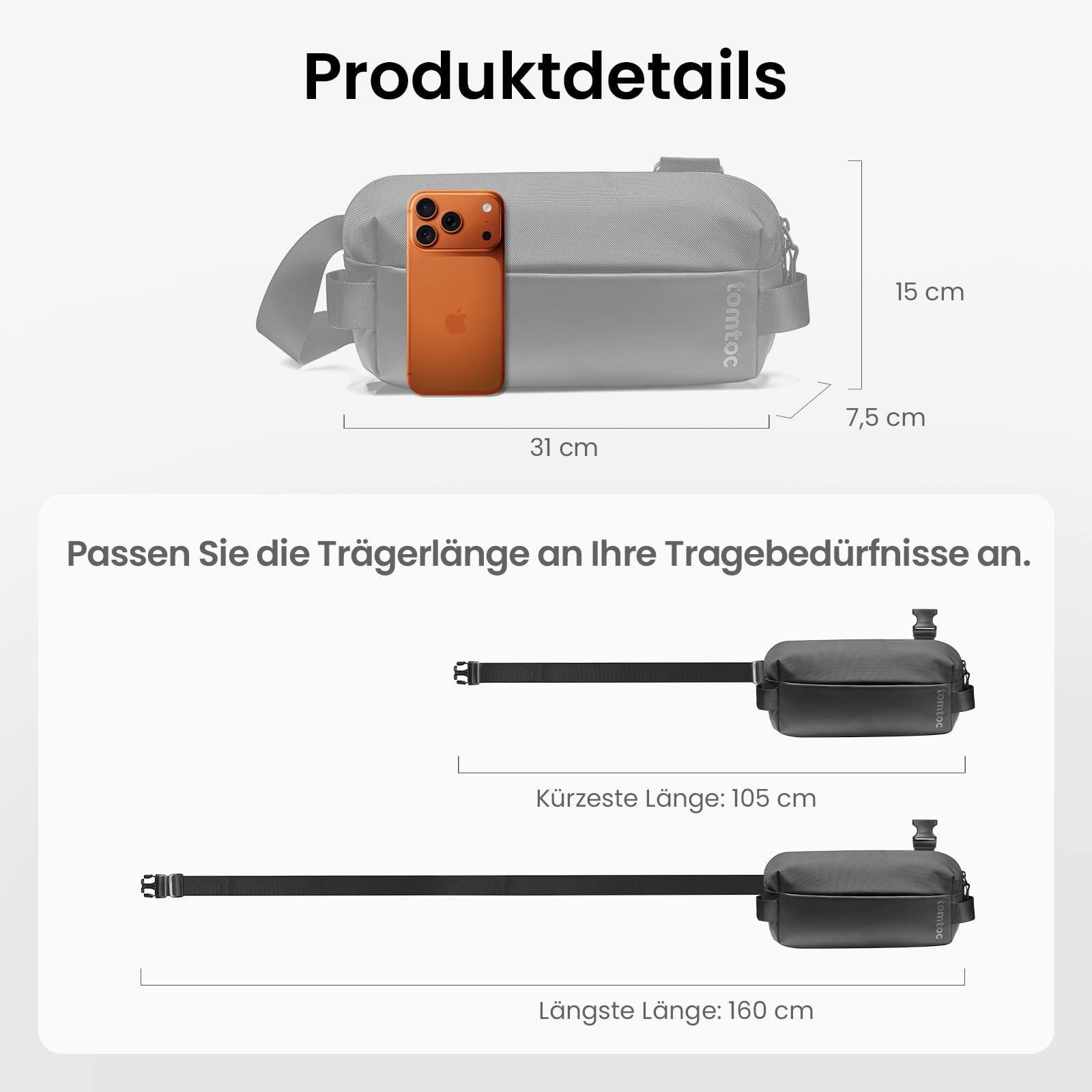 tomtoc Premium Sling Bag Herren 3L EDC Umhängetasche, leichte robuste Schultertasche für iPad mini 7 & Switch 2, ideal für Reise und Alltag, Schwarz