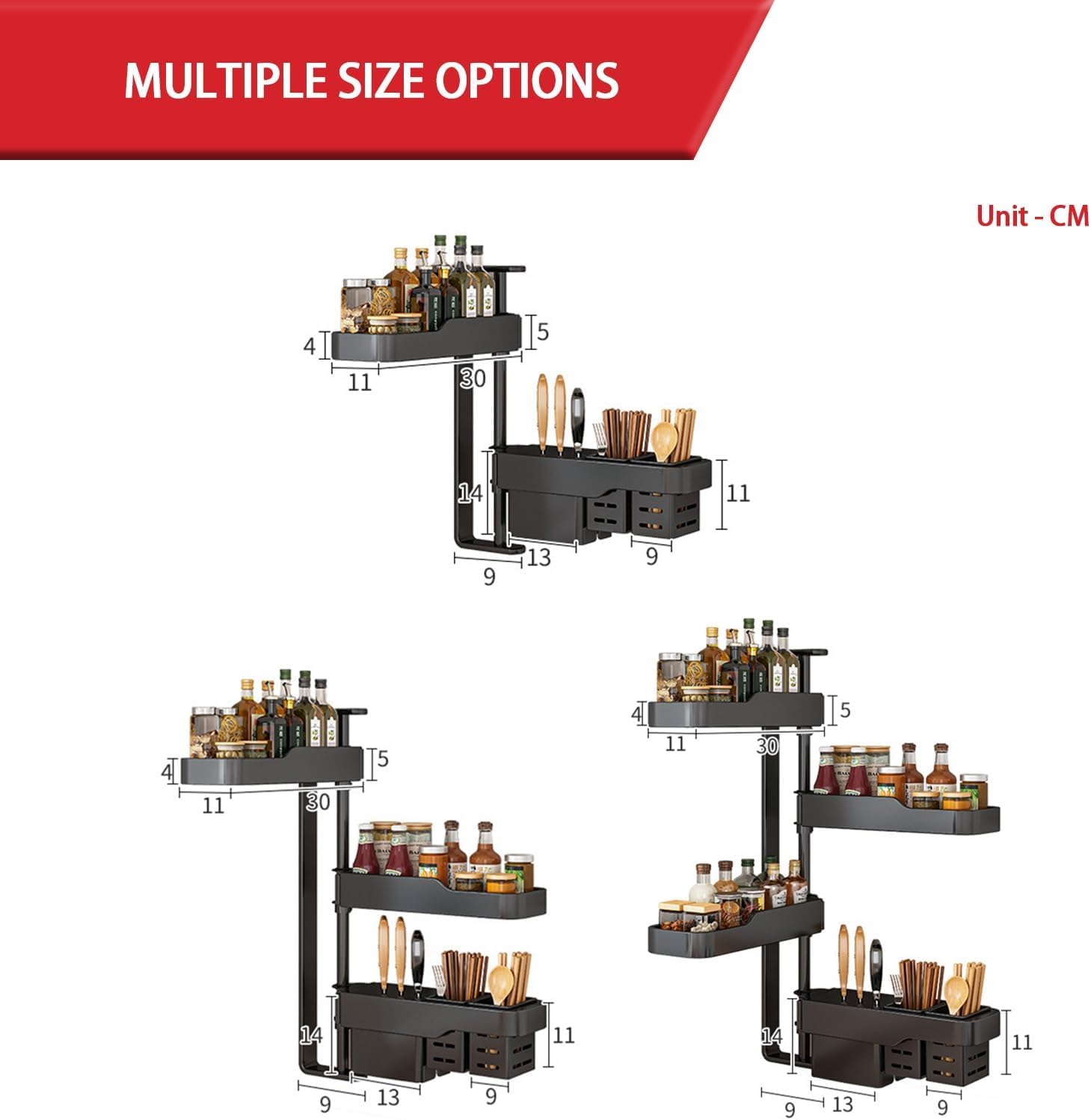 Organizer na przyprawy, montowany na ścianie - duży obrotowy uchwyt na przyprawy o zakresie 180° z półkami o regulowanej wysokości do szafek kuchennych, ścian, drzwi spiżarni.