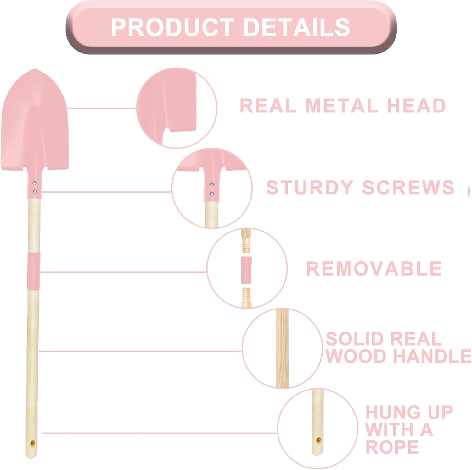 Kids Gardening Tool Set,6 pcs Detachable Toddler Gardening Tools with Shovel,Rake,Hoe and Rake for Outdoor Summer Yard Lawn Beach,Christmas Birthday Gifts for Age 3,4,5 Year (Pink Wheel kit)