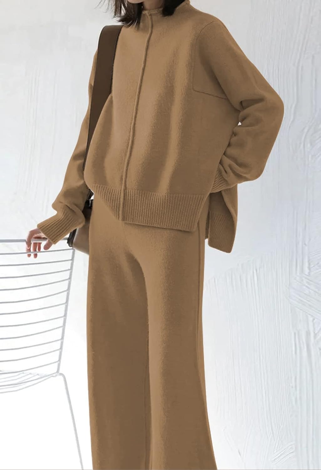 Viottiset Women's 2 Piece Outfits Sweater Set Wide Leg Pants High Neck Sweatsuit Loungewear - Image 4