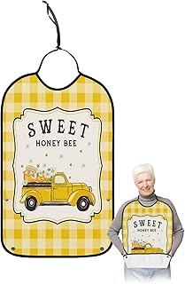 BOBOWUNY Summer Bee Truck Adult Bibs for Elder Women Men Eating, Spring Floral Yellow Plaid Honey Bee Waterproof & Washable Bibs for Eating Clothing Protector Dining Bibs for Crumb Catcher