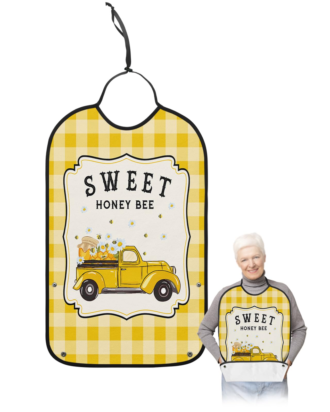 Summer Bee Truck Adult Bibs for Eating, Waterproof Bibs with Food Catcher & Adjustable Snap Closure, Spring Floral Yellow Plaid Honey Bee Washable Clothing Protectors Adult Bibs for Elderly Women/Men