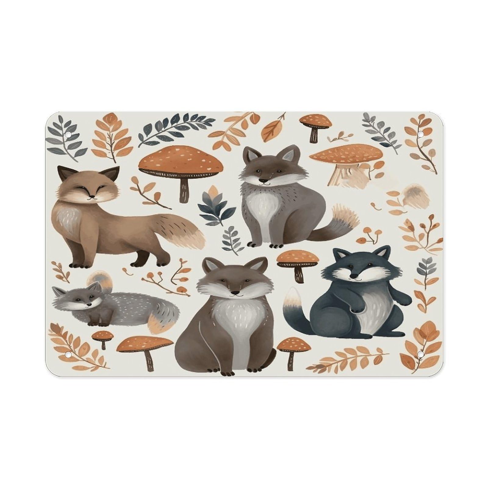 Woodland Raccoon Animals Metal Tin Sign 12"x8" Wall Art Prints Poster Decorative Picture Metal Signboard Decor Painting Folded Edge Iron Sheet Painting with Holes for Wall Decor