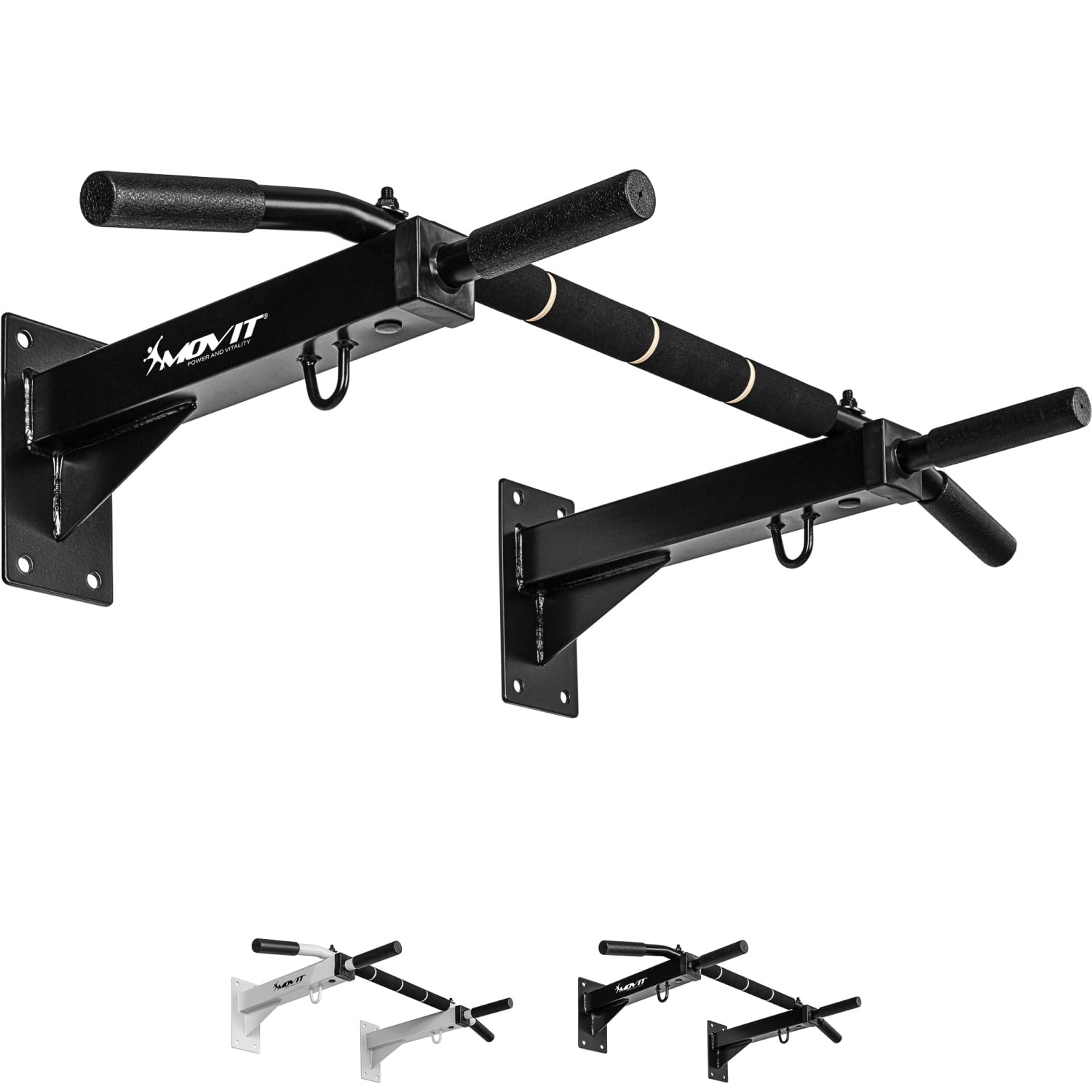 MOVIT® Profi Klimmzugstange zur Wandmontage, bis 350 kg, 4x rutschfeste Griffe + XXL Softgrip, 2x Ösen für Zubehör, schadstoffgeprüft, Weiß oder Schwarz, Türreck Reckstange Pull up bar