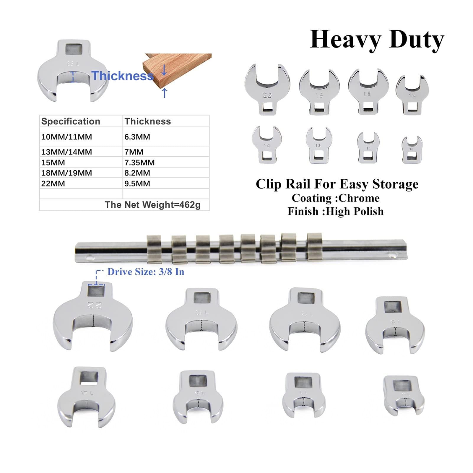 45th Ratchet Handle e 8 Pezzi 3/8 Pollici Drive Crowfoot Wrench Set Chiavi metriche/SAE durevoli (Colore: Imperial W Ratchet)