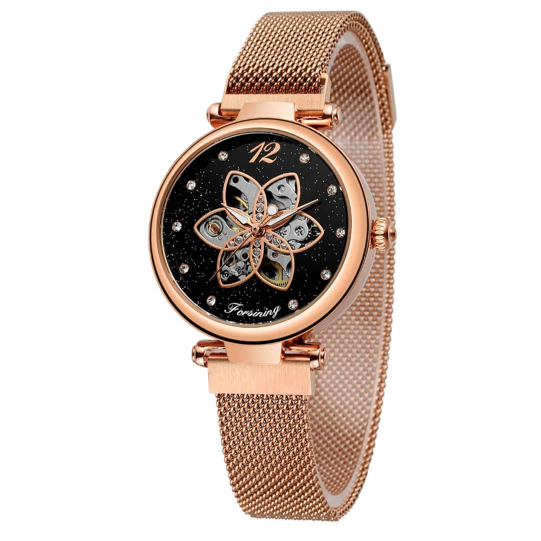FORSINING Womens Diamond Mechanical Rose Gold Mesh Analog Wrist Watch (B07ZXBXCDD) Amazon Price History, Amazon Price Tracker
