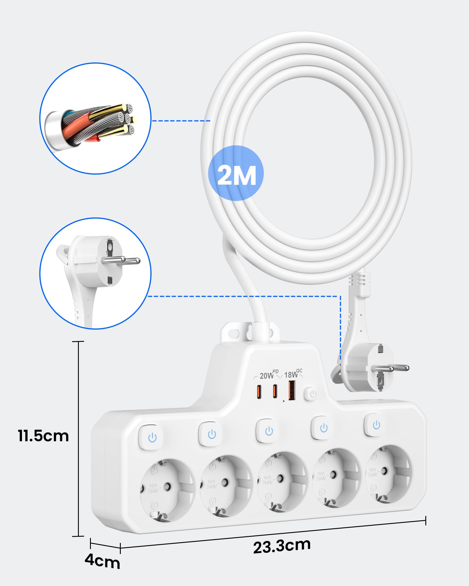 Regleta Enchufe Plano,PD20W Regleta 5 Enchufes con USB C,Ladron Enchufes con Interruptor,Enchufe Multiple Pared Extraplano,5 Tomas Proteccion Sobretension Alargador 2M Cable para Hogar Oficina,Blanco