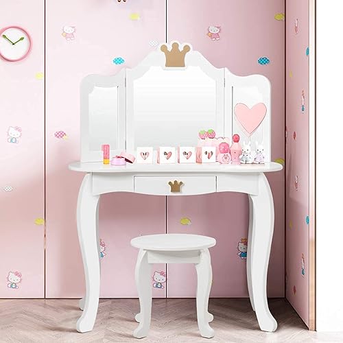 Miniatura 4 de HONEY JOY Vanity - Juego de mesa y silla de maquillaje con temática de corona con cajón y espejo de tres pliegues, espejo desmontable, juego de