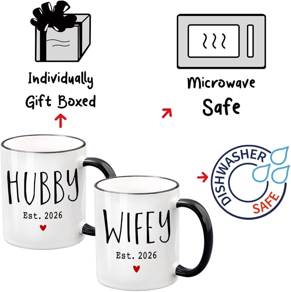 Dnuiyses EST 2026 Hubby Wifey Mugs Set Wedding Gift for Couples, Promoted to Be Hubby Wifey Wedding Gift, Couples Birthday Coffee Mug, Wedding Gifts for Newlywed - Image 3