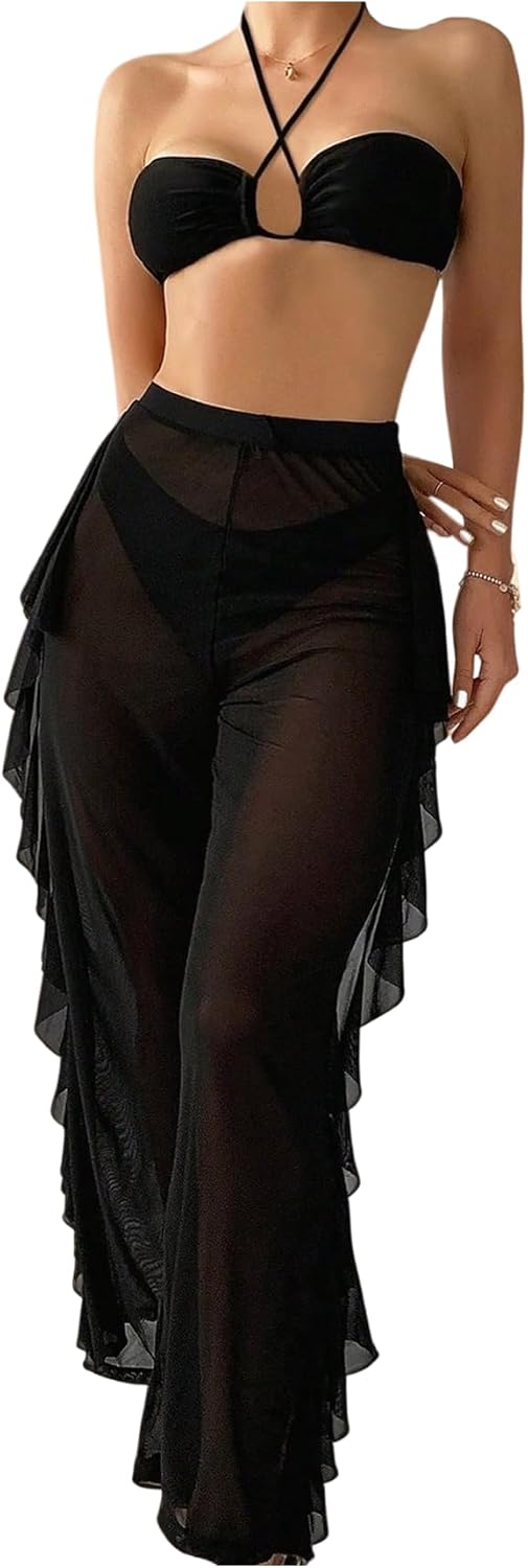 OYOANGLE Women's Ruffle Bikini Set 3 Piece Criss Cross Tie Backless Cheeky Swimsuit with Cover Up Pants