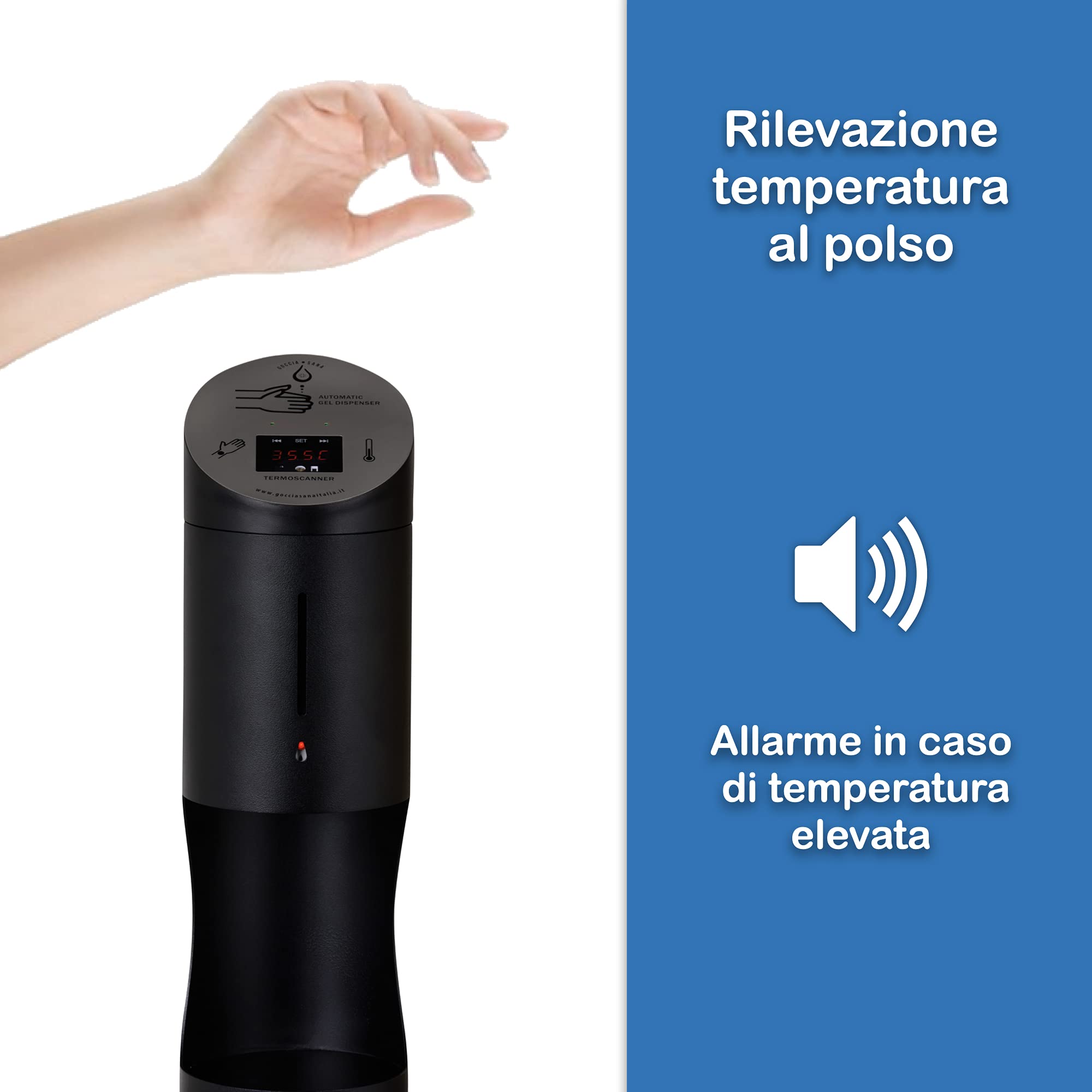 TICINO/GTS Termometro digitale da banco con dispenser automatico | Termometro infrarossi Gocciasana | Dispenser igienizzante mani