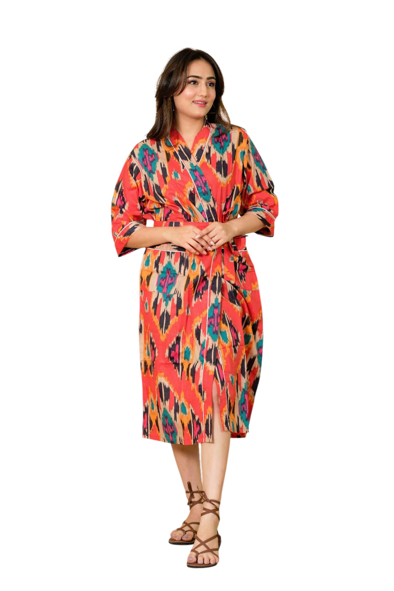 MARIKA TEXTILES Cotton Bathrobe for Women – Handmade Multicolour Ikat Print Wrap Robe with Belt, Soft Lightweight Cotton-image-9