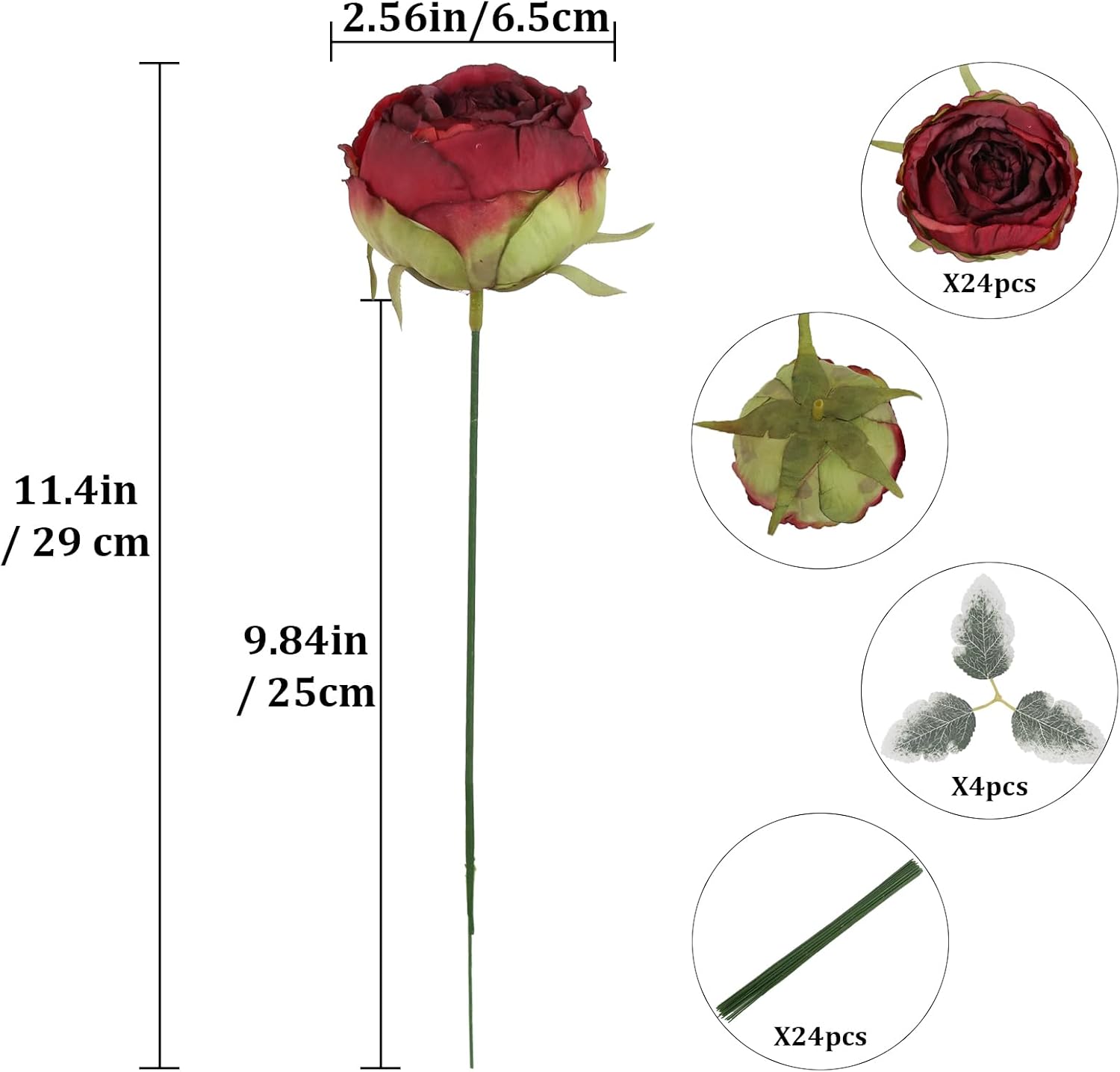 Artificial Peonies,24PCS Vintage Fake Peonies Flower Heads 2.56" Realistic Burgundy Roses with Stems for Wedding Chair Sign Cake Party Home Decoration (Burgundy)