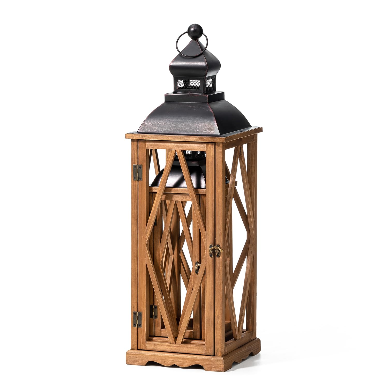 Glitzhome 2 sztuki rustykalnych diamentowych drewnianych / metalowych lampionów świecowych, vintage, wisząca, antyczna latarnia na patio, blat, czarne (bez szkła)