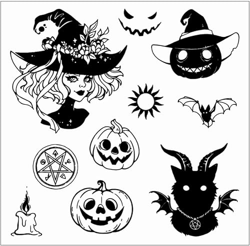 Arbuya Sellos transparentes de bruja de Halloween para hacer tarjetas o diarios, espeluznante calabaza, murciélago, monstruo, sellos de silicona