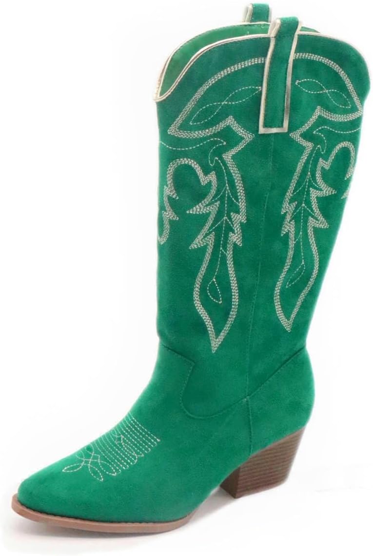 Mid-Calf cowboy boots women Pointed Toe Chunky Heel embroidered boots for women
