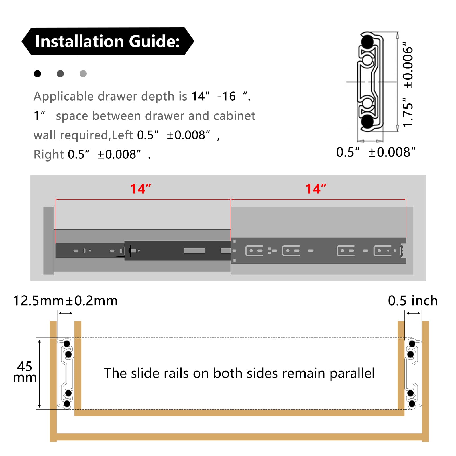 AOLISHENG 1 Pair Full Extension Drawer Slides, 8-24 Inch Length, 100 LB Load Capacity, Side Mount Ball Bearing Metal Runners For Dresser Cabinets Trash Cans – Black