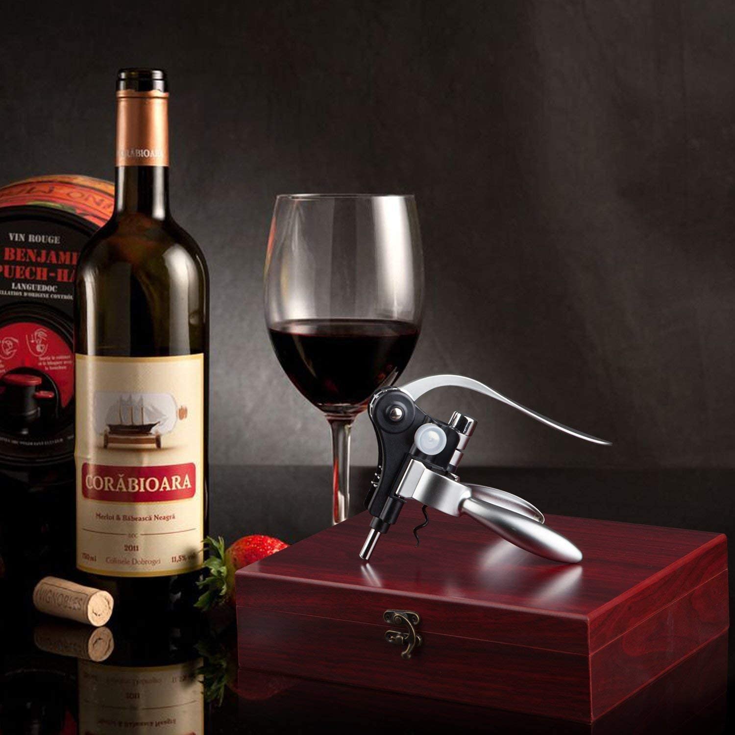 Sacacorchos Set Vino Accesorios 9 Pzs Abridor de Vino,Abre Botellas Kit Vino de Accesorios con Caja Regalo,Abrebotellas,Recogegotas,Decantador,Aireador de Vino Regalos para Hombre