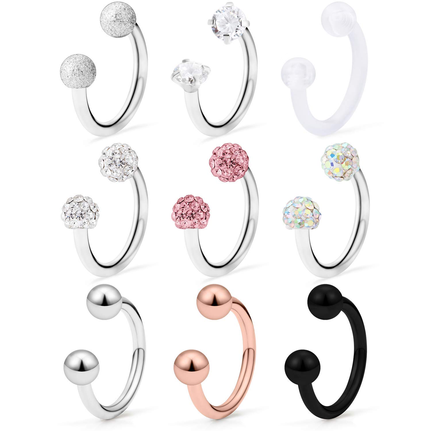 LAURITAMI9-18PCS 16G Piercing Labio Aros Labret Herradura Perno Medusa Studs 8mm Acero Quirúrgico Helix Tragus Cartílago Anillos Pendientes Joyas