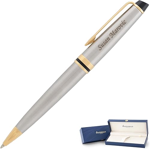 Bolígrafo WATERMAN Expert grabado en acabado inoxidable cepillado con borde dorado. Regalo de lujo personalizado para graduación o hito profesional.