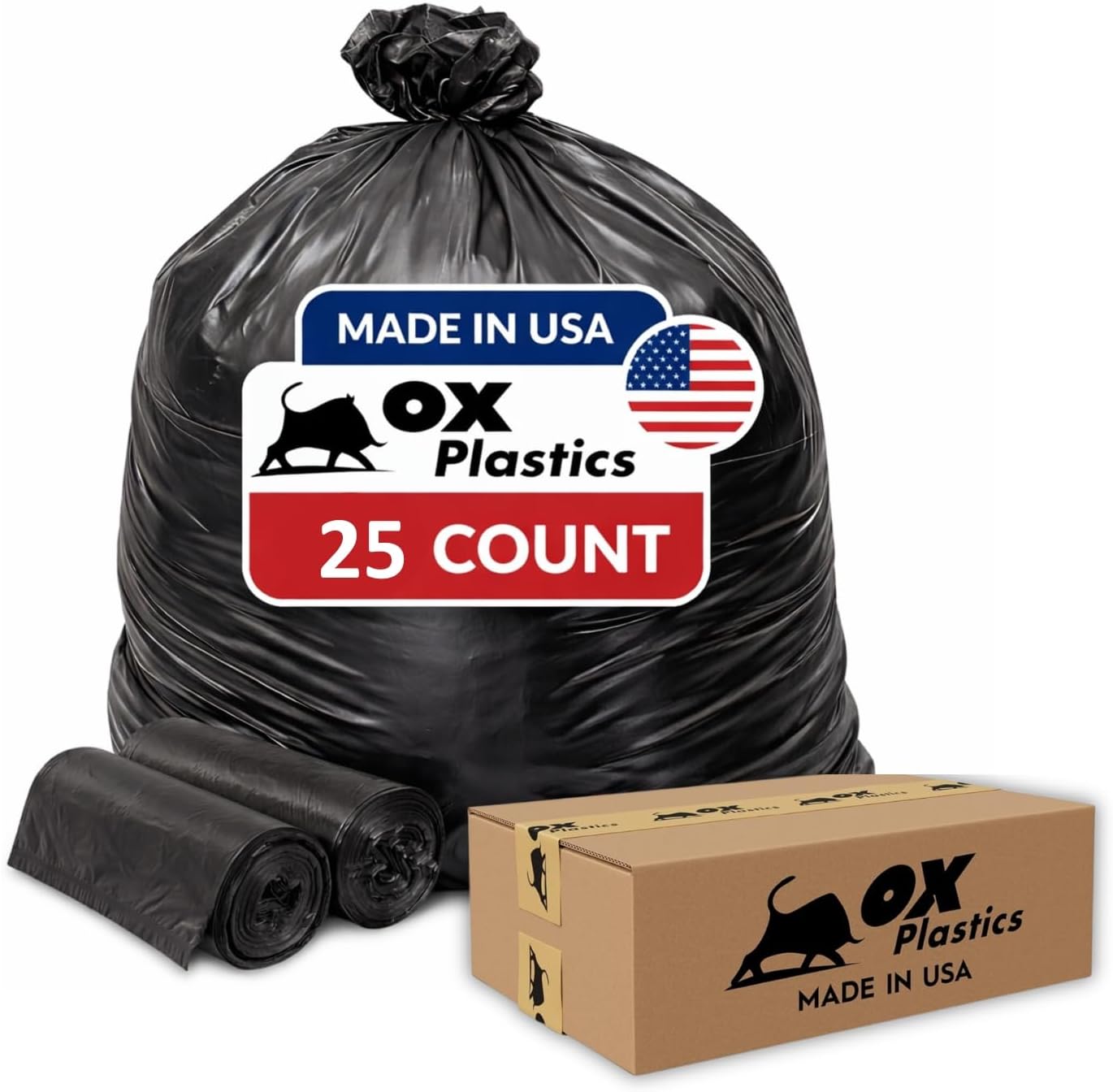 Ox Plastics 60 Gallon Trash Can Liners Bags – (25 Count) & 3mil Thick Extra Heavy Duty Strength – Large Garbage, Leak-Proof & Durable Bags