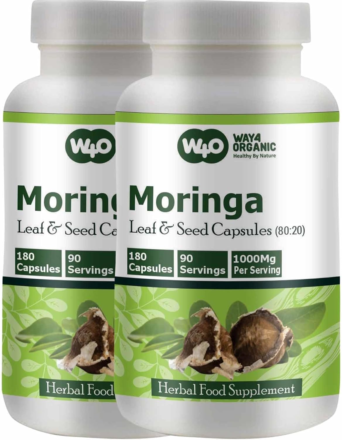 Moringa Oleifera Leaf and Seed Powder (80:20) Ratio 180 Capsules, 90 Servings, 1000 mg. Malunggay Leaf and Seed Powder, Green Superfood. Pack of 2.