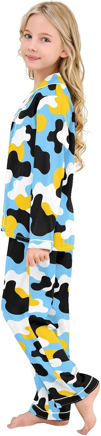 Kids Casual Satin Wear Set Blue Yellow Cow Pattern Unisex Relaxed Fit Clothing