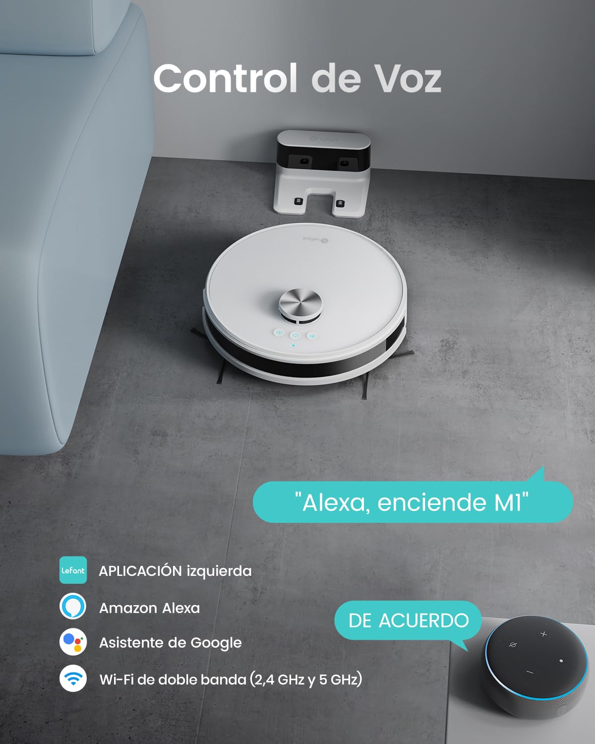 Lefant M1 Robot Aspirador y fregador con mapeo, navegación LDS, mapeo Multicapa, 150 Minutos, 5500 pa, Zona prohibida, Aspirador Adecuado para Pelo de Animales y Suelos Duros, Blanco