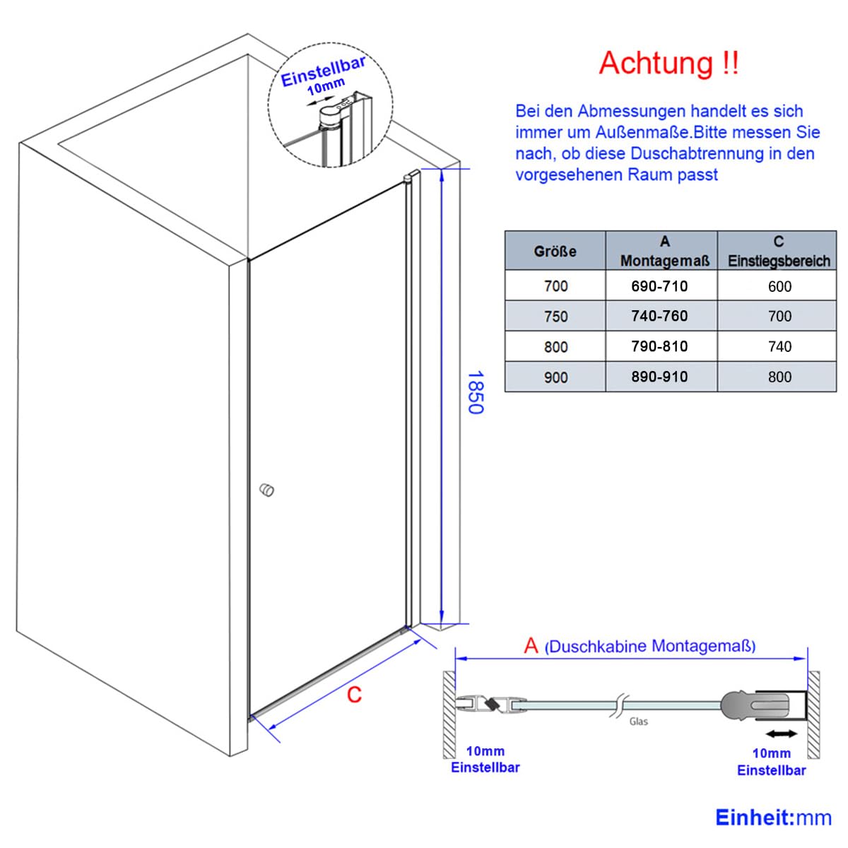Heilmetz 80cm Nischentür Duschabtrennung Schwingtür Dusche Pendeltür Duschwand 6mm Klar Sicherheitsglas mit Nano Beschichtung Duschtür Höhe 185cm