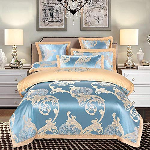 Hcclijo Silk Duvet Cover Set Luxury Jacquard Cotton Bedding Set Bed Sheet Comforter Cover Zipper Queen King Color 14 Queen Size 4Pcs