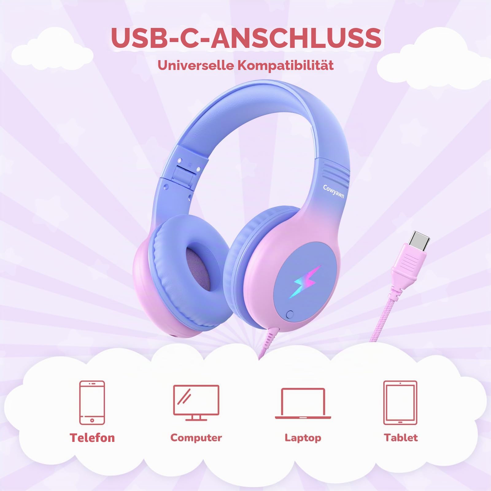 Cowyawn Kinder-Kopfhörer mit LED-Lichtern, USB-Typ-C-Kid-Kopfhörer mit Mikrofon, Lautstärkenbegrenzung 85/94 dB, Over-Ear-USB-C-Kopfhörer für Jungen/Mädchen/Schule/Tablet/Reisen/iPad/iPhone, Violett