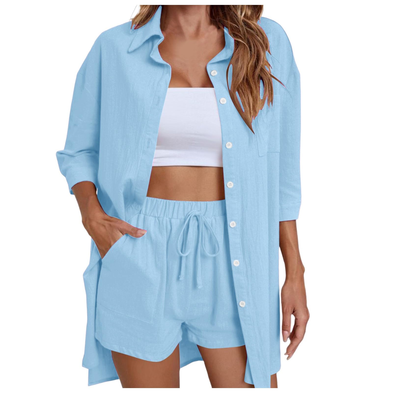 Conjunto de punto de mujer con camisa de manga 3/4 y pantalones cortos casuales en color liso 8