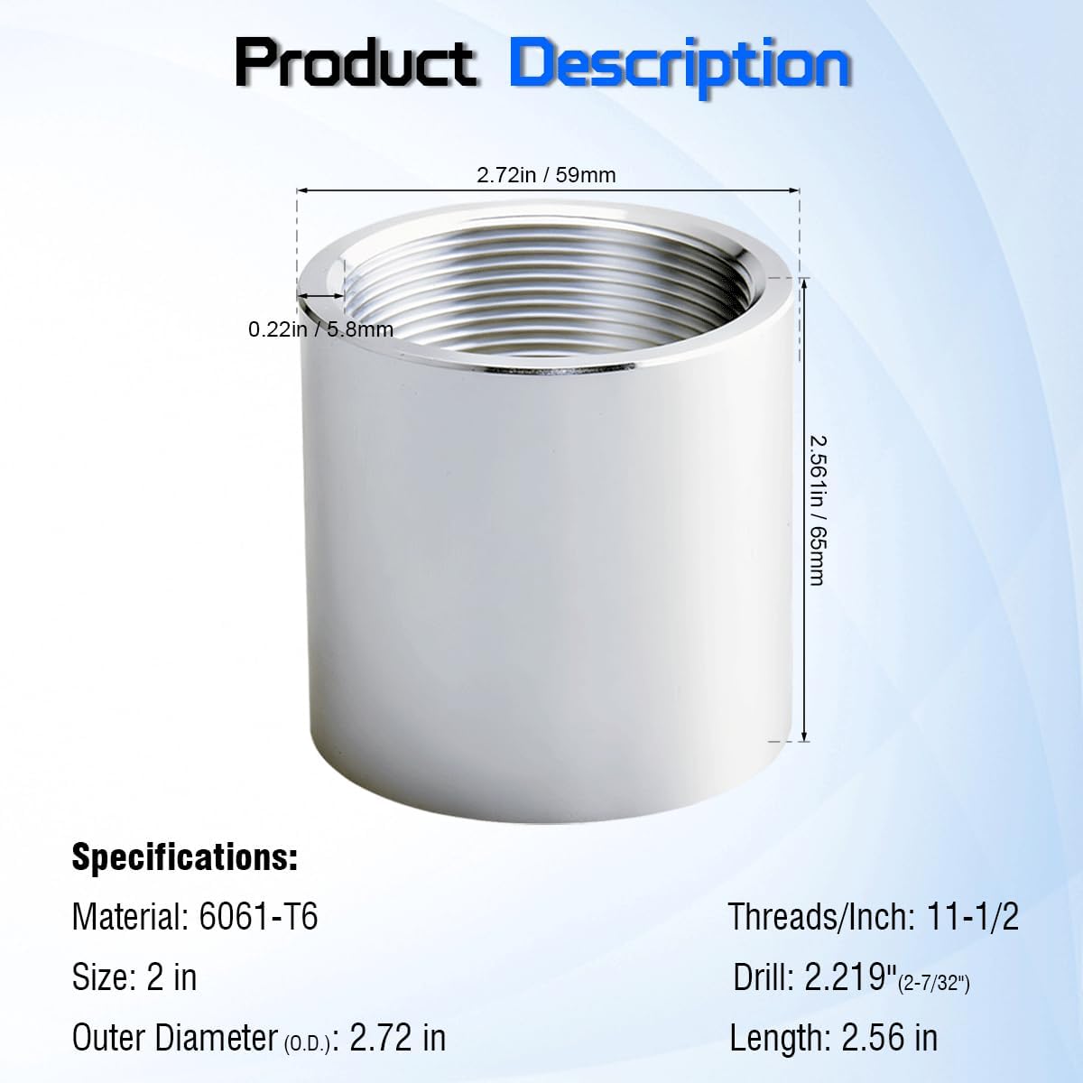 2" NPT Threaded Full Coupling Aluminum 6061-T6, Female Pipe Coupler Connector Adapter Fitting, 2" x 2 Inch NPT Ports for Air Water Oil Gas