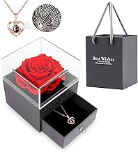 Foleto Real Preserved Rose - Eternal Handmade Rose with Love You Necklace, 1 Count, Red, 3.14 Inches, Traditional Style, Romantic, Stylish, Gift Set, 1 Pack