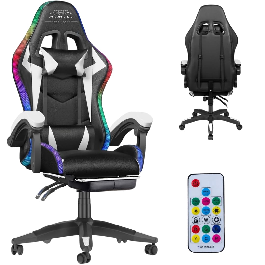 A.M.C. Silla Gaming RGB con luces LED y silla ergonómica, silla de oficina giratoria, con ruedas, reposacabezas y cojín lumbar, capacidad de carga: 125 kg, con respaldo alto de piel (blanco)