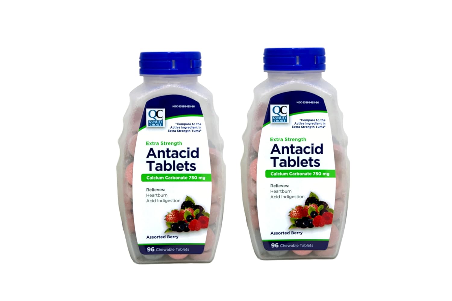 Comprimidos Antiácidos Extra Fortes Quality Choice, Carbonato de Cálcio 750 mg, Frutas Sortidas, 192 Comprimidos Mastigáveis (Pacote com 2)