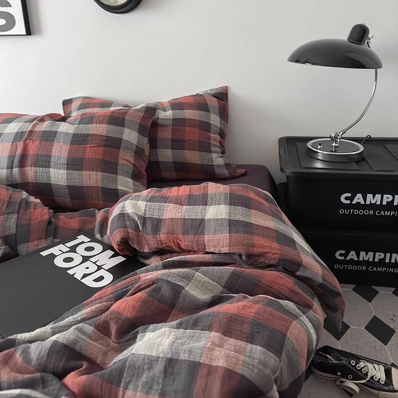 Image of VM VOUGEMARKET Cotton Muslin Duvet Cover Queen Red Plaid Bedding Set Soft Breathable Linen Like Gauze Gingham Comforter Cover with Zipper Closure for Teen Men,90 inchx90 inch