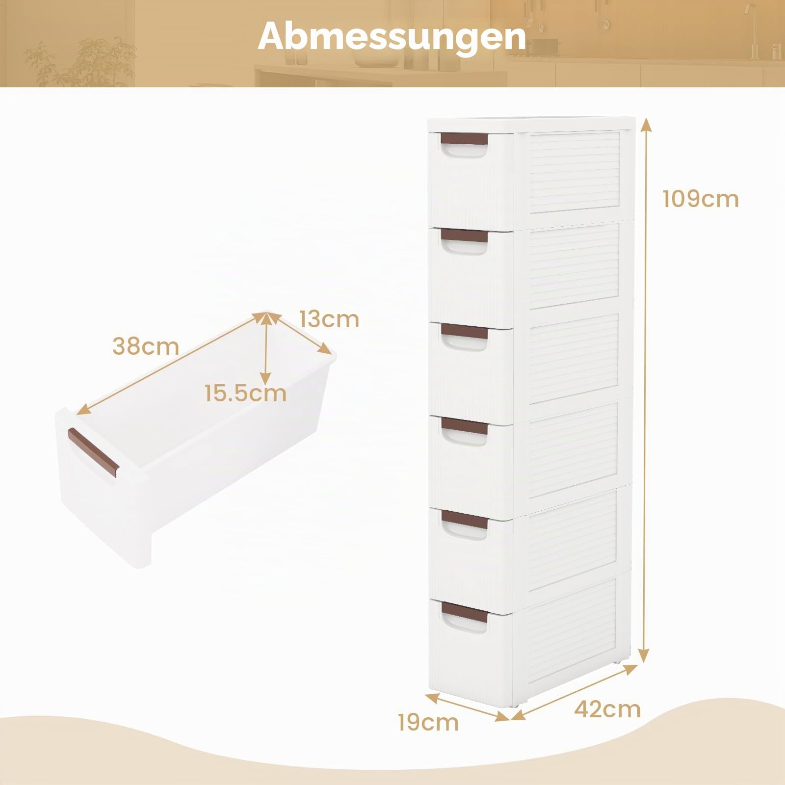 GIANTEX Nischenschrank Nischenregal 19 cm breit, Nischenwagen auf Rollen, Schmaler Rollschrank Rollwagen mit 6 Schubladen, Badschrank Badrollwagen kleiner Schubladenschrank Toilettenschrank für Bad