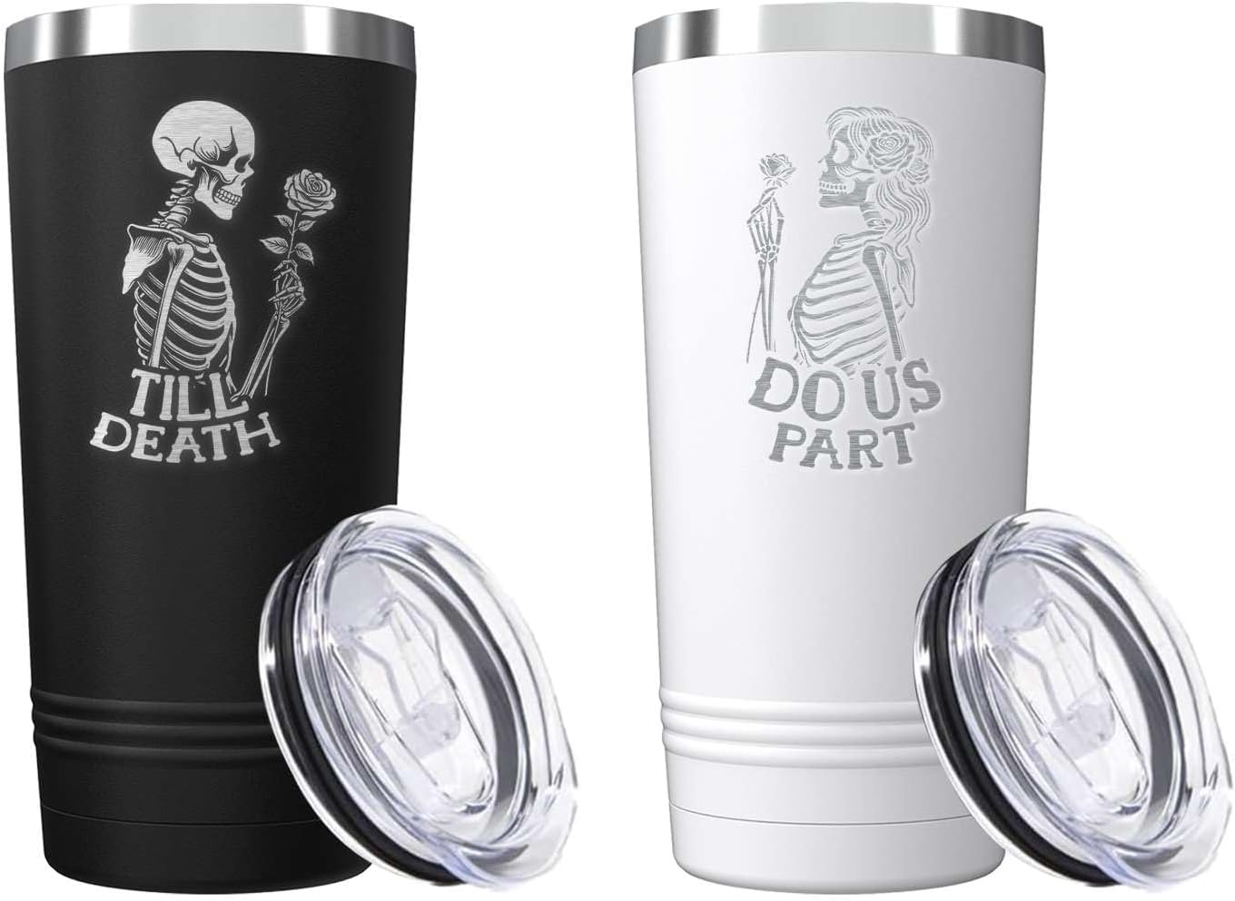 shop4ever Set of 2 Til' Death Do Us Part Skeletons Engraved Insulated Stainless Steel Tumbler with Lid 20 oz. Couples Gift (Black, White)