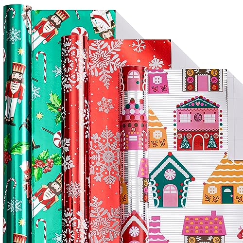LeZakaa Christmas Wrapping Paper Mini Roll, Nutcracker Snowflake Gingerbread House Design Metallic Foil Holiday Gift Wrap, Arts Craft, for Xmas Winter Party, 17 x 120 inches, 3 Rolls