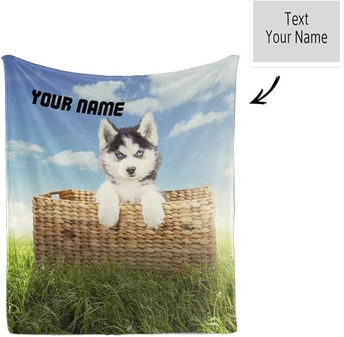 Miniatura 2 de Manta personalizada con texto del nombre, manta de forro polar súper suave personalizada con lindo perro husky para sofá, cama (50 x 60 pulgadas)
