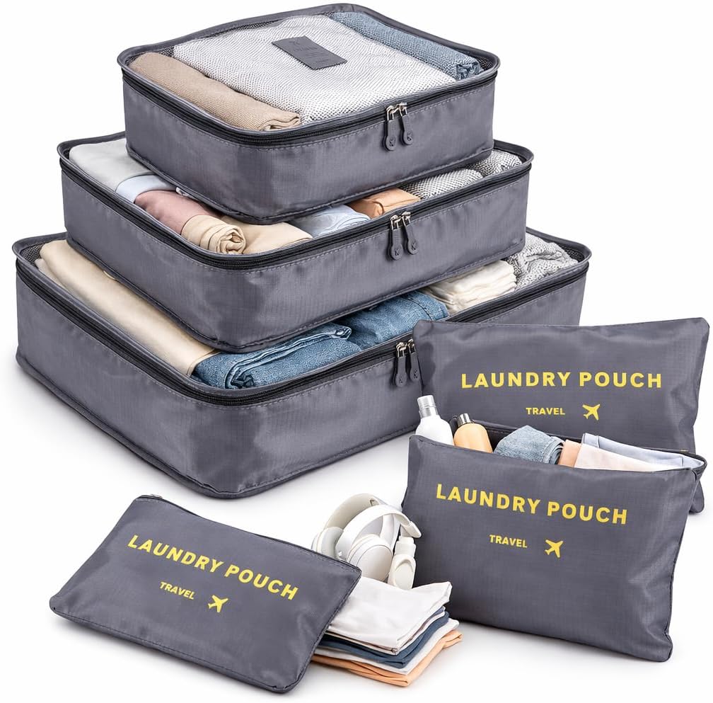 SKY-TOUCH Travel Packing Cubes,Traveling Accessories,Luggage Packing Organizers Set,Waterproof Laundry Bag,Storage Bag for Travel,Breathable Mesh,pack of 6 pieces,grey