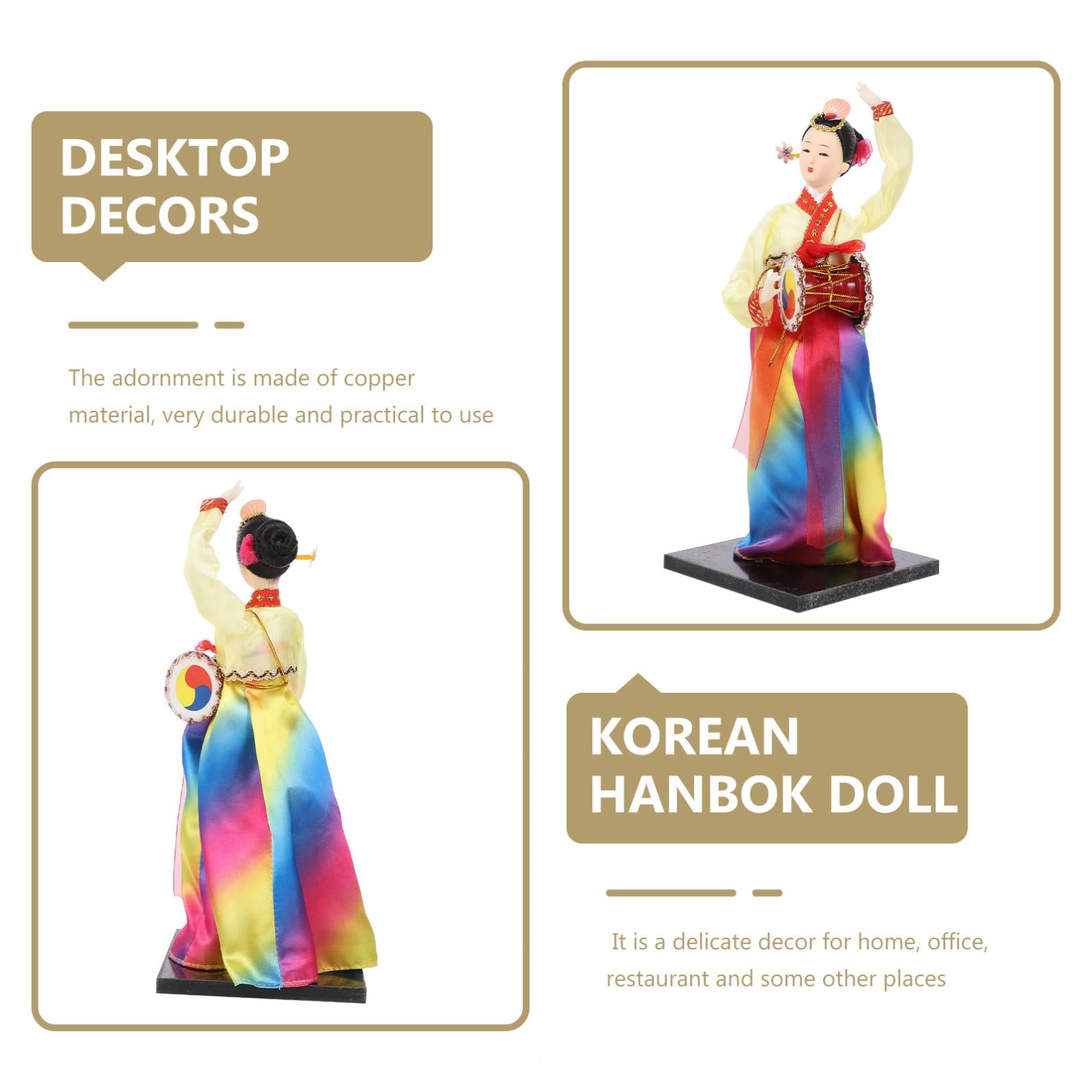 Poupée Hanbok Artisanale Coréenne à Tambour pour Décoration de Bureau et Chambre, Figurine en Résine et Bois Style Créatif Coréen Unique