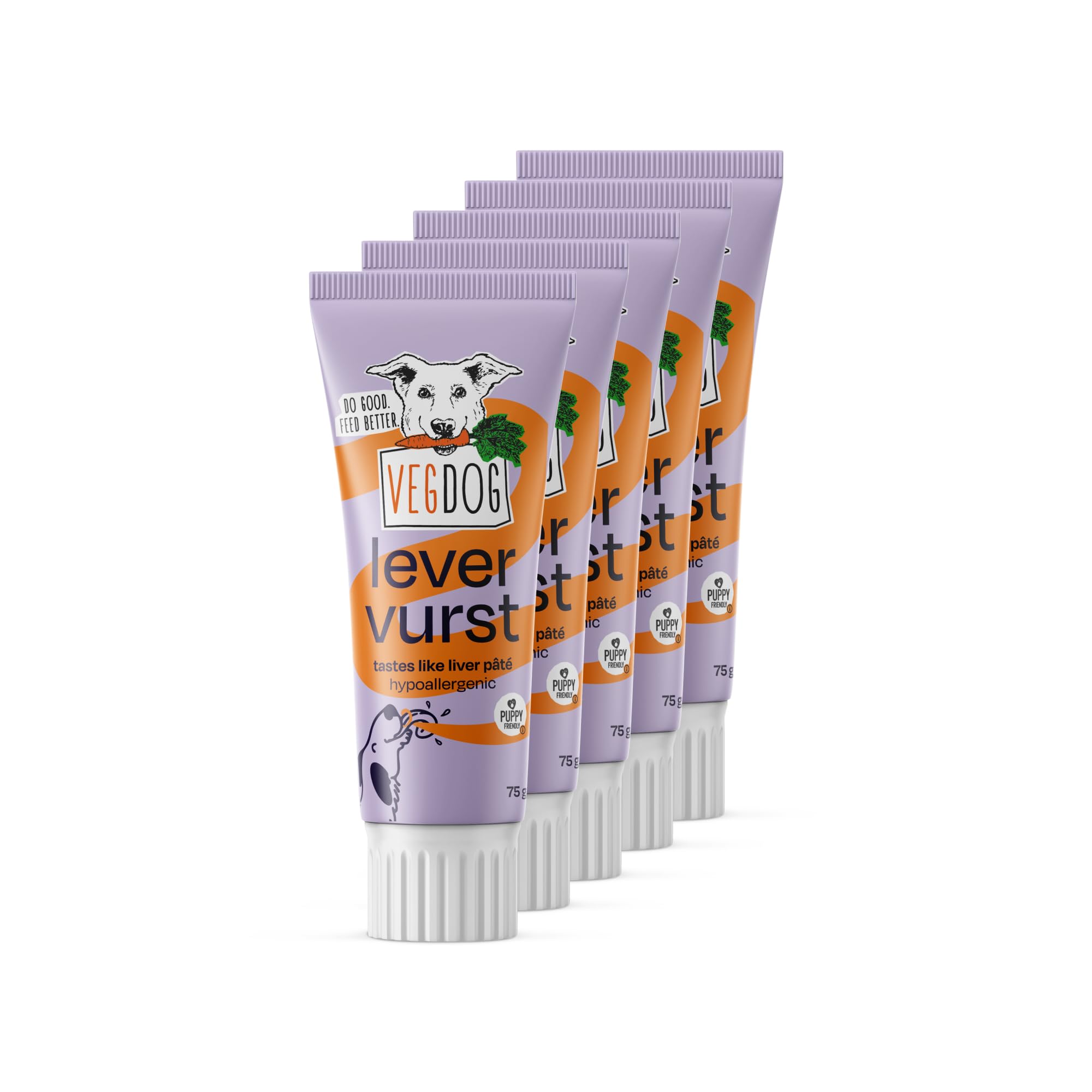 VEGDOG Levervurst pflanzlicher, hypoallergener Snack zum Schlecken (5 x 75 g) | herzhafter Schlecksnack mit geräuchertem Paprikapulver | für Allergiker und Welpen geeignet