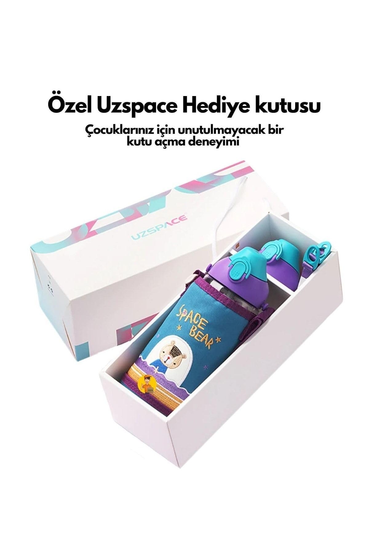 Uzspace Küçük Boy 480Ml Kılıflı Askılı Pipetli/Pipetsiz Iki Ayrı Kapaklı Tritan Çocuk Matarası 6955482320230