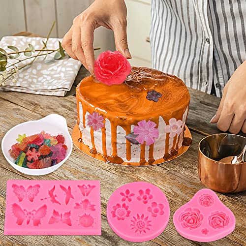 Kulenand 8 Pcs Flower Fondant Cake Mold Set - Rose Butterfly Daisy Rose Leaf And Mini Flowers Candy Silicone Molds For Chocolate Fondant Polymer Clay Soap Crafting Projects Cake Decoration #TOP6