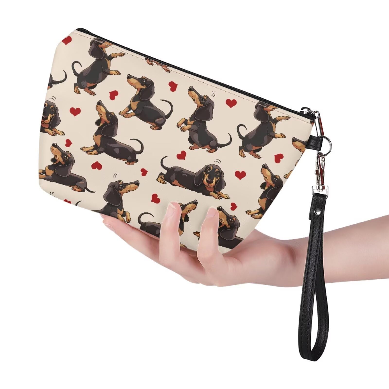Jeiento Dachshund Dog Cosmetic Bag for Women,Love Heart Puppy Makeup Pouch with Zipper Travel Wash Toiletry Bag - Image 3