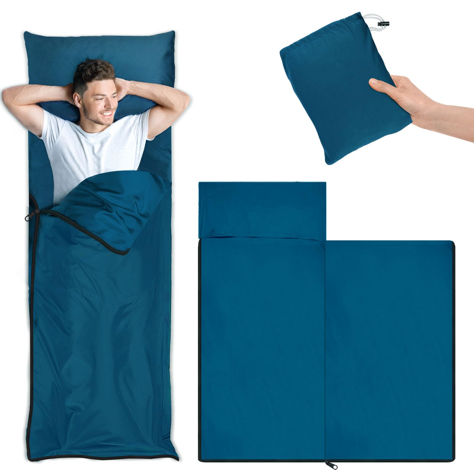 Sacco Lenzuolo da Viaggio,Sacco a Pelo Estivo, Ultraleggero, Dimensioni Ridotte, 220 x 90 cm, Colore: Blu