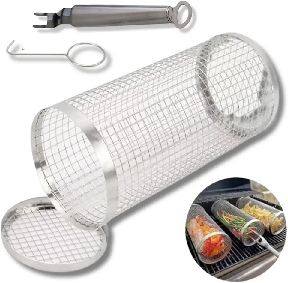 Grelha Cilíndrica Giratória para Churrasco em Inox, 20,5 cm, Cesto para Legumes e Carnes