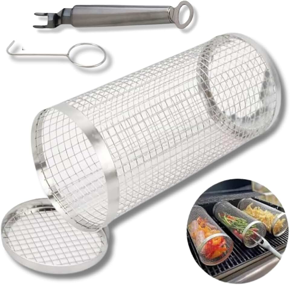 Grelha Cilíndrica Giratória para Churrasco em Inox, 20,5 cm, Cesto para Legumes e Carnes
